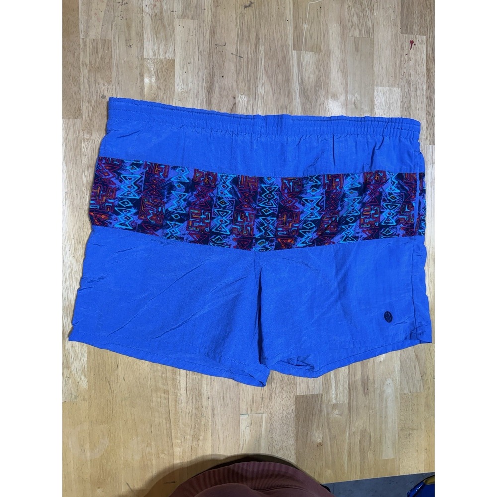 Vintage Bill Blass Mens Large Swim Trunks Blue Geometric Mesh Lined